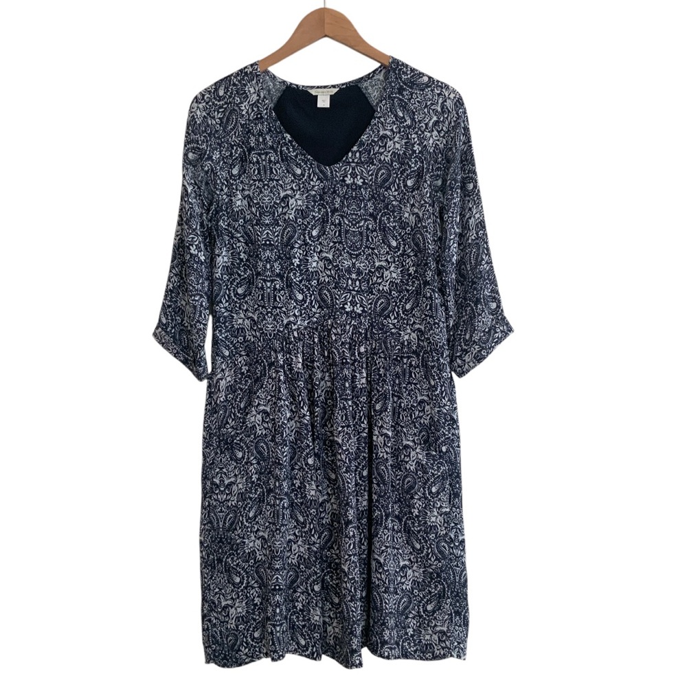 Garnet Hill Dress Gathered Drop Waist V-Neck Paisley Pockets Blue Women’s Size 2 - Picture 11 of 14